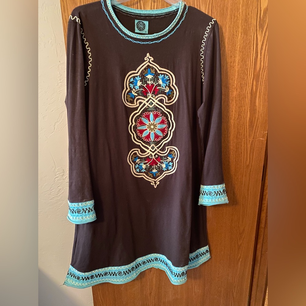 Double D Ranch Brown Dress with Turquoise and Cream Embroidery